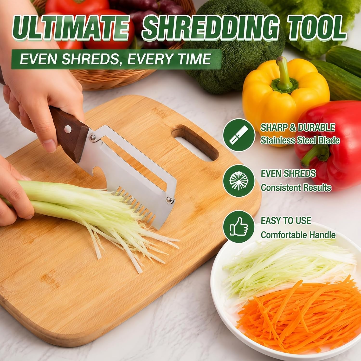 3-in-1 Vegetable Peeler with Scallion Shredder & Bottle Opener – Wide Stainless Steel Blade, Wooden Handle Julienne