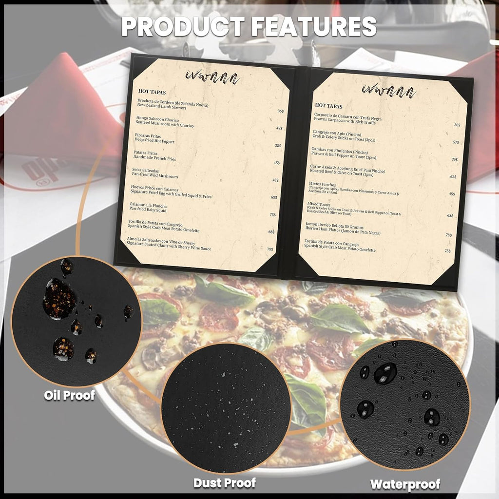 8.5'' x 11'' Menu Covers 6 Pack Black PU Leather Menu Holders Book Style with Angled Corners Double View Menu Sleeves