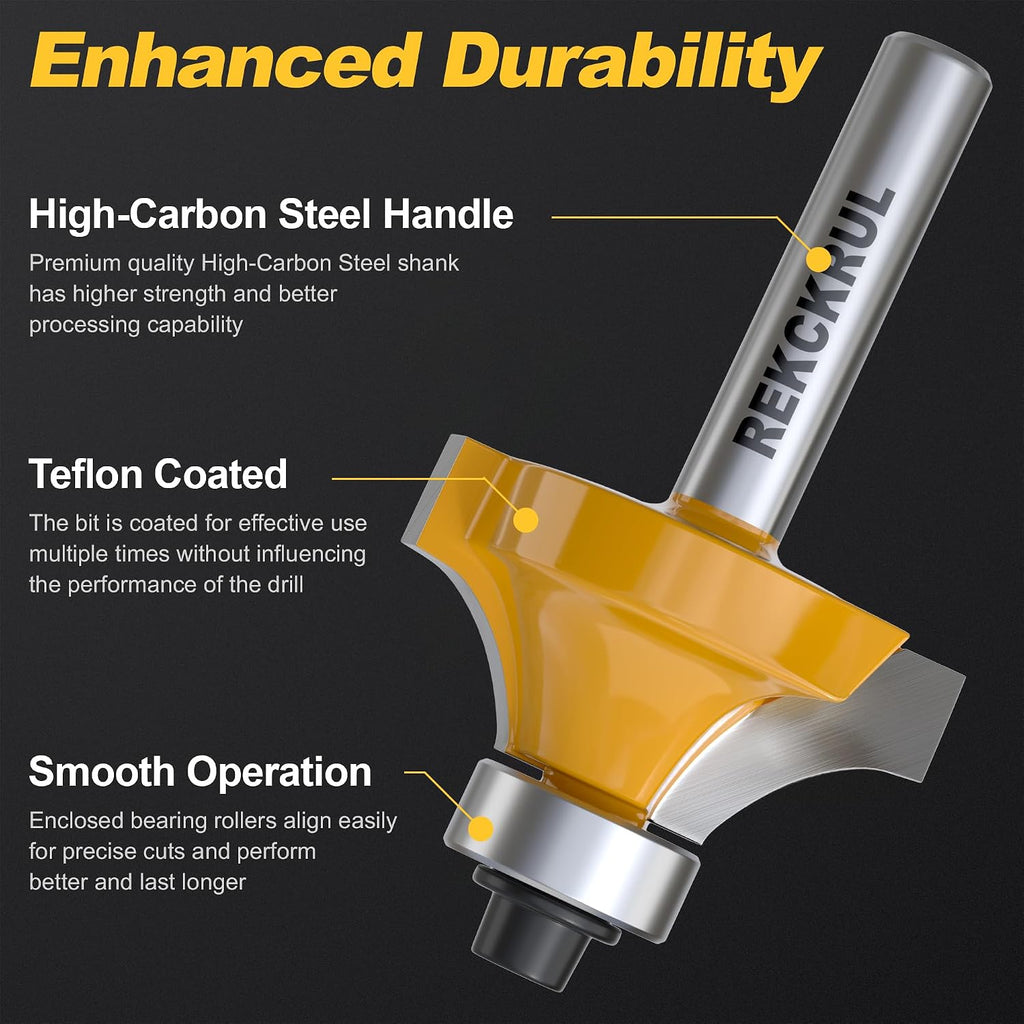 4-Piece Roundover Router Bit Set - 1/4" Shank Carbide Inserts | Rounding Edges Bits: 1/8", 3/16", 1/4", 5/16" Radius
