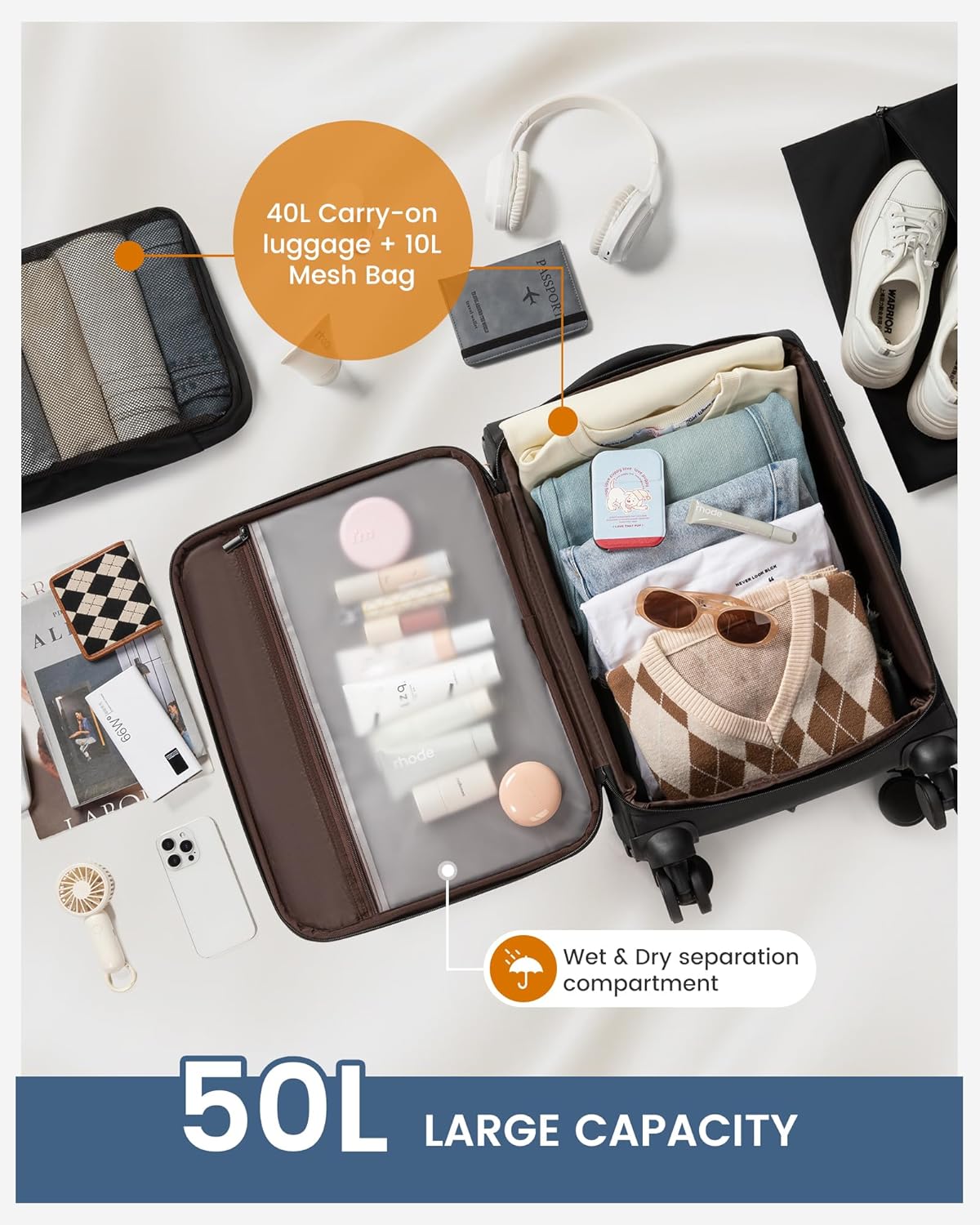 Carry On Luggage 22x14x9 Airline Approved, 22-Inch Suitcases with Spinner Wheels, Softside Carry-on Luggage with TSA
