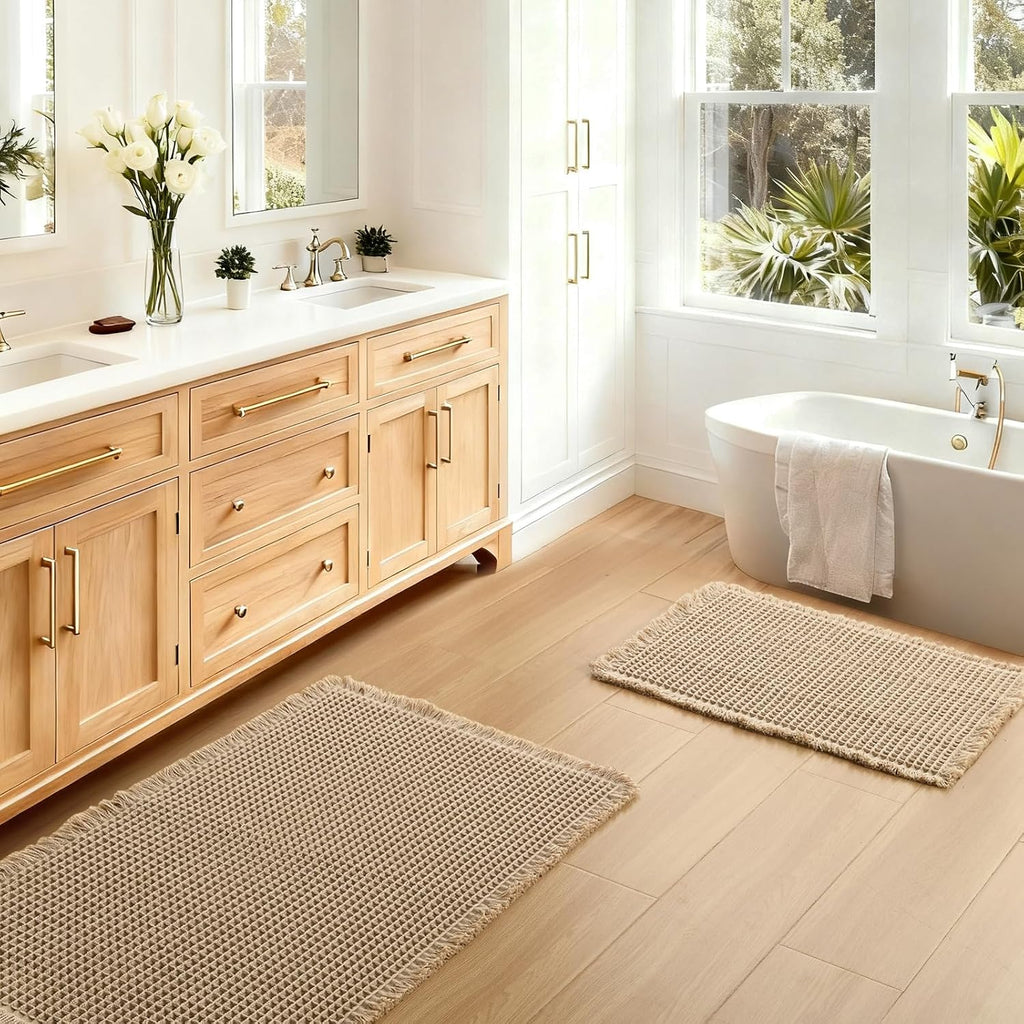 Set of 2 Waffle Bath Mats Boho Non Slip Bath Rugs Washable Bathroom Rugs Super Absorbent Waffle Mats Ultra Soft Fast