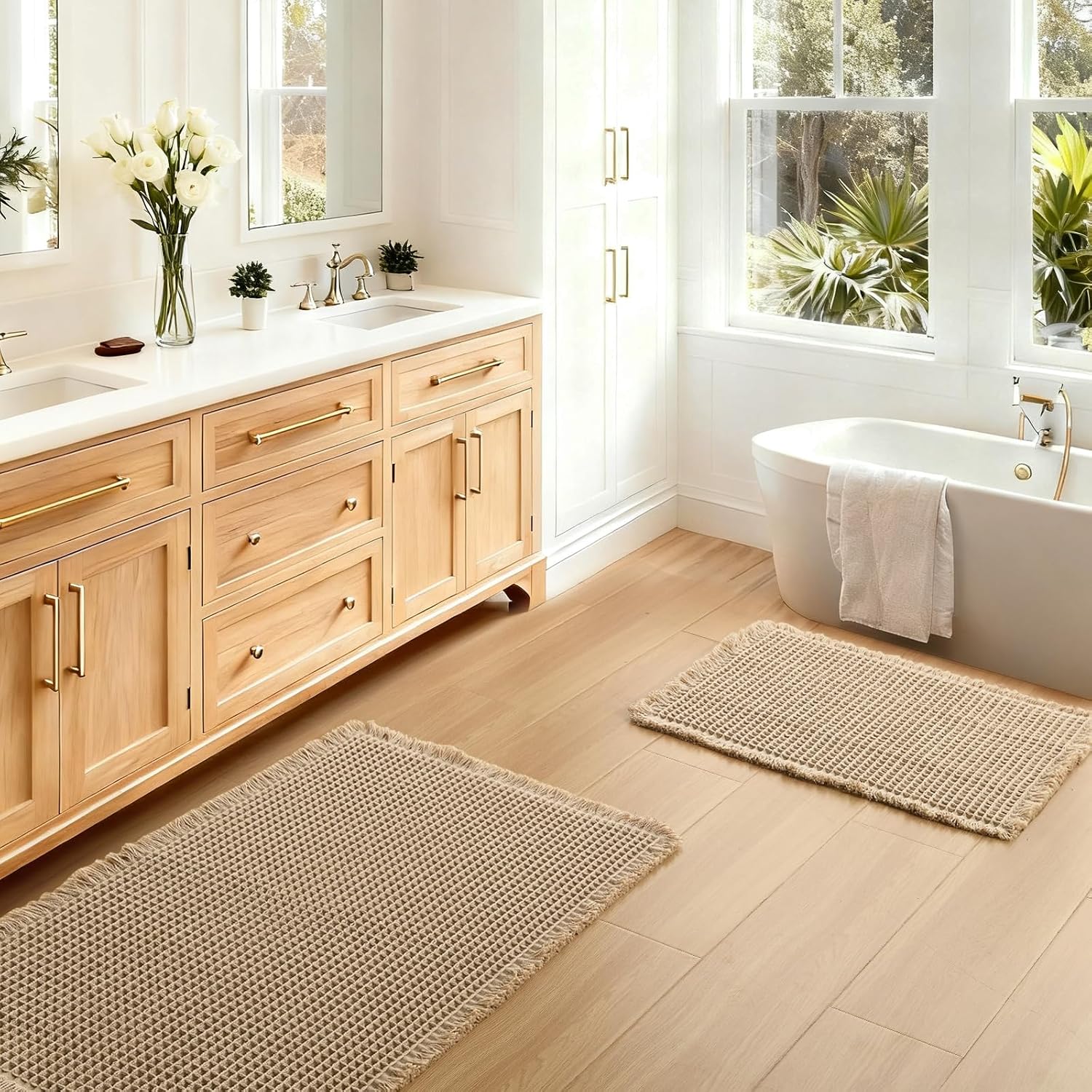 Set of 2 Waffle Bath Mats Boho Non Slip Bath Rugs Washable Bathroom Rugs Super Absorbent Waffle Mats Ultra Soft Fast