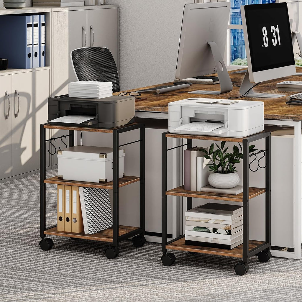 Printer Stand, 3-Tier Under Desk Rolling Cart with Storage Shelf, Heavy Duty Printer Table with Wheels for Home and