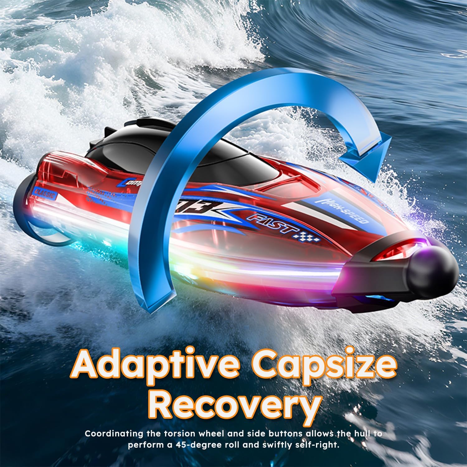 RC Boat for Kids, Brushless Remote Control Boat with LED Light,25KM/H 2.4GHz Racing Speed Boats with 2 Batteries