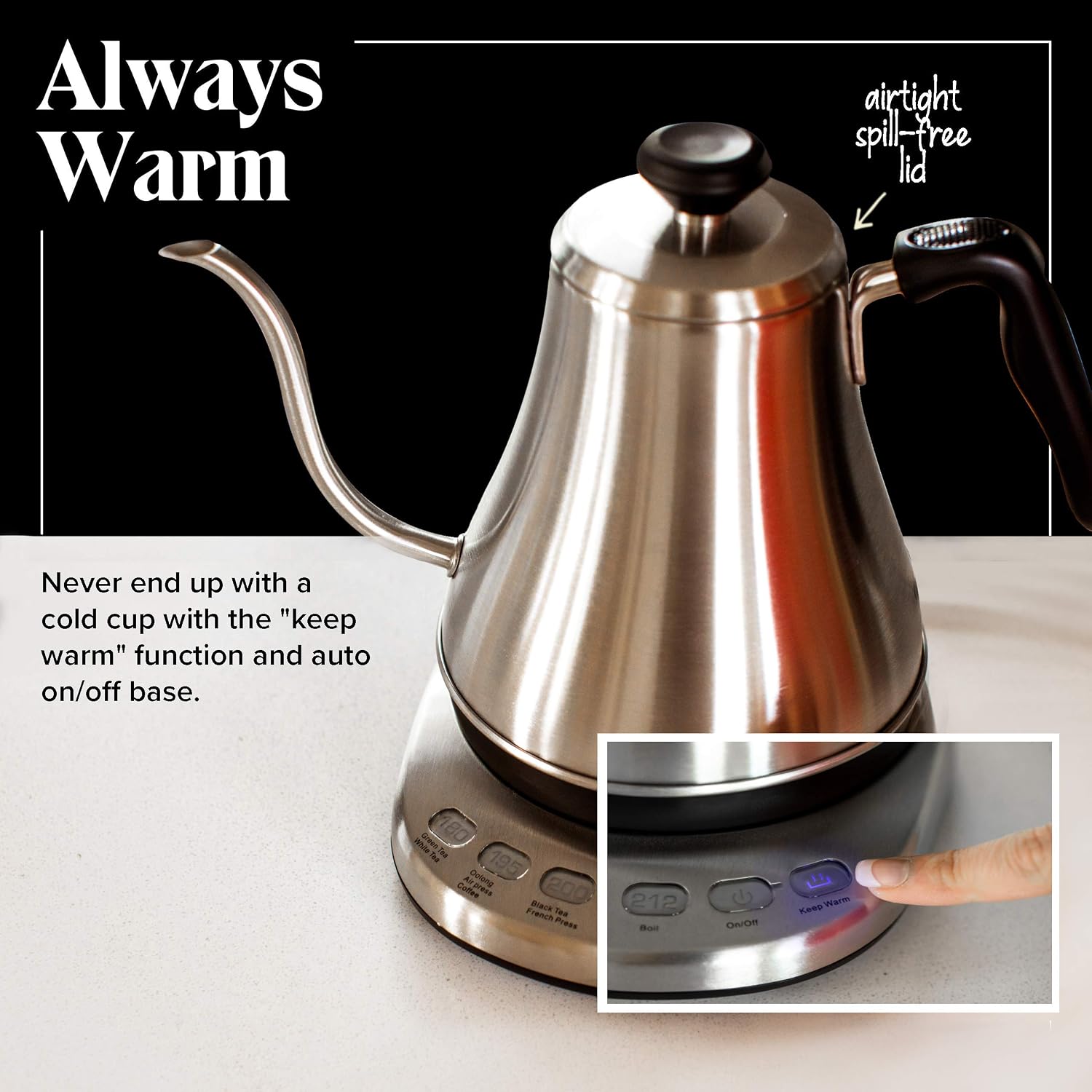 Gooseneck Electric Kettle with Temperature Control - 0.8L Stainless Steel & BPA Free Plastic - Custom Temp Presets