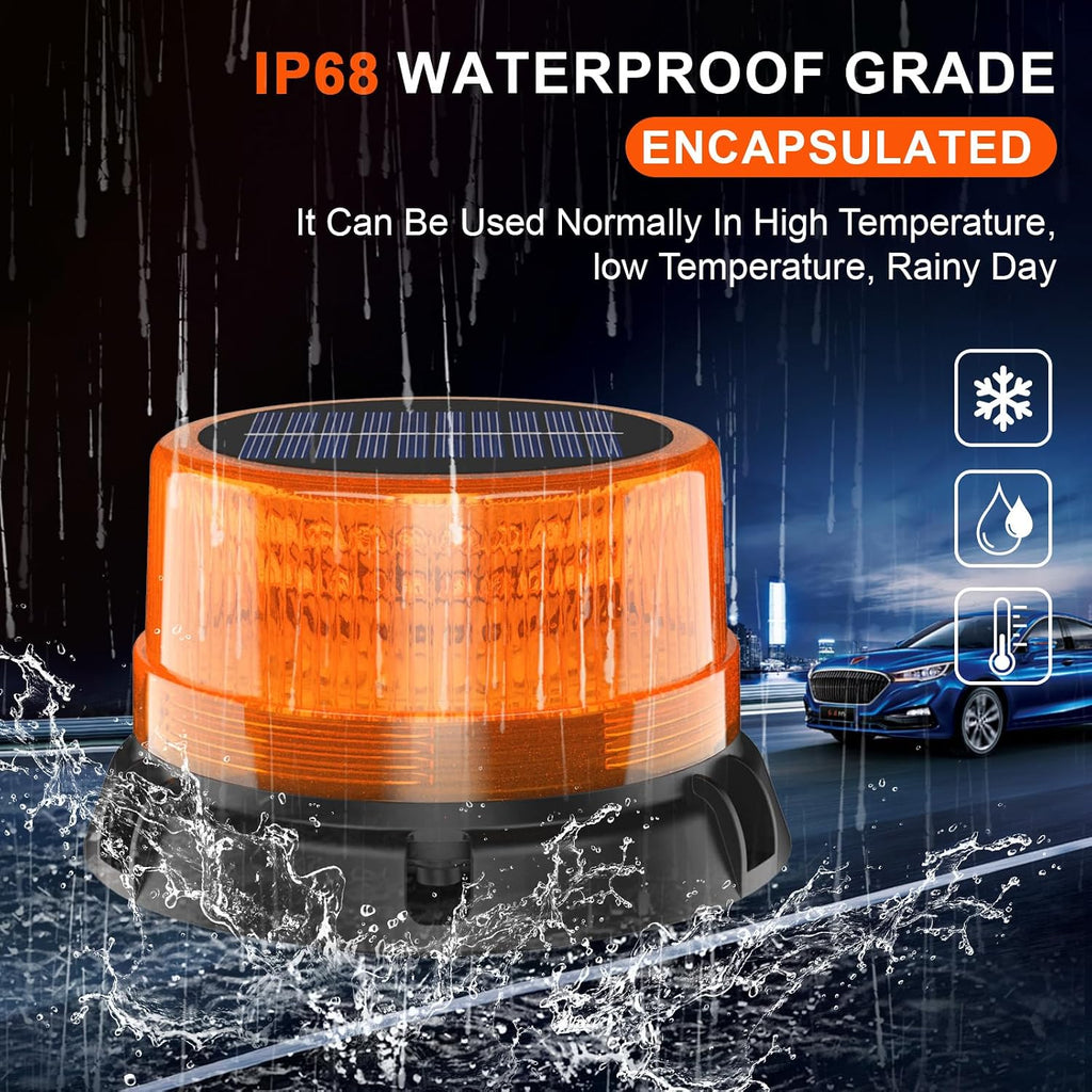 Solar Strobe Light Magnetic Waterproof LED Amber Warning Beacon Light | Wireless Solar Powered with USB Charging