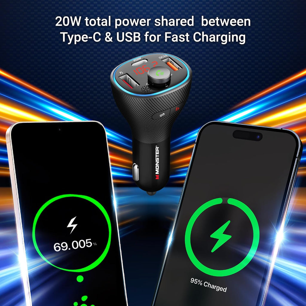 Monster Bluetooth FM Transmitter for Car Cigarette Lighter with 20W QC3.0 USB A & USB C PD Charger, Bass Boost