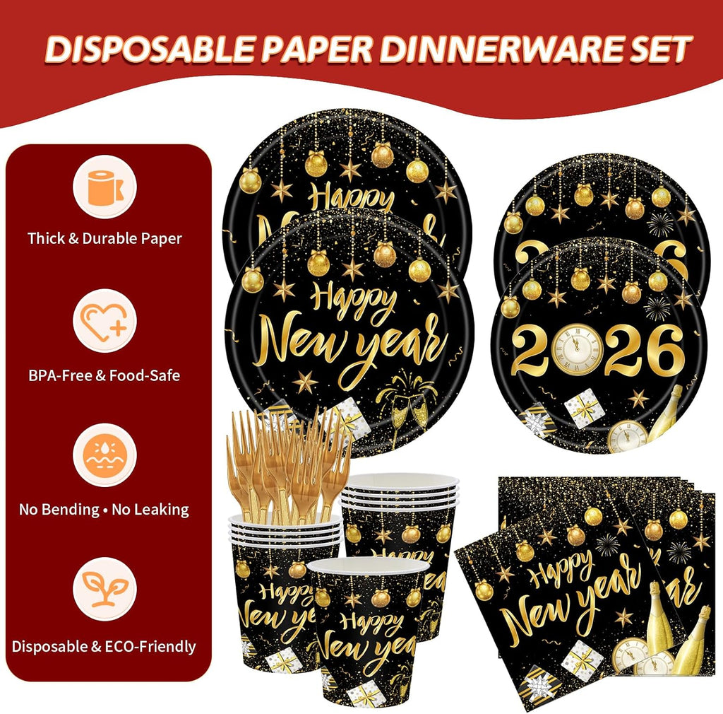 New Years Party Supplies Set,Packs with Plates, Cups, Napkins & Forks, Disposable for 24 Guests,Plates and Napkins