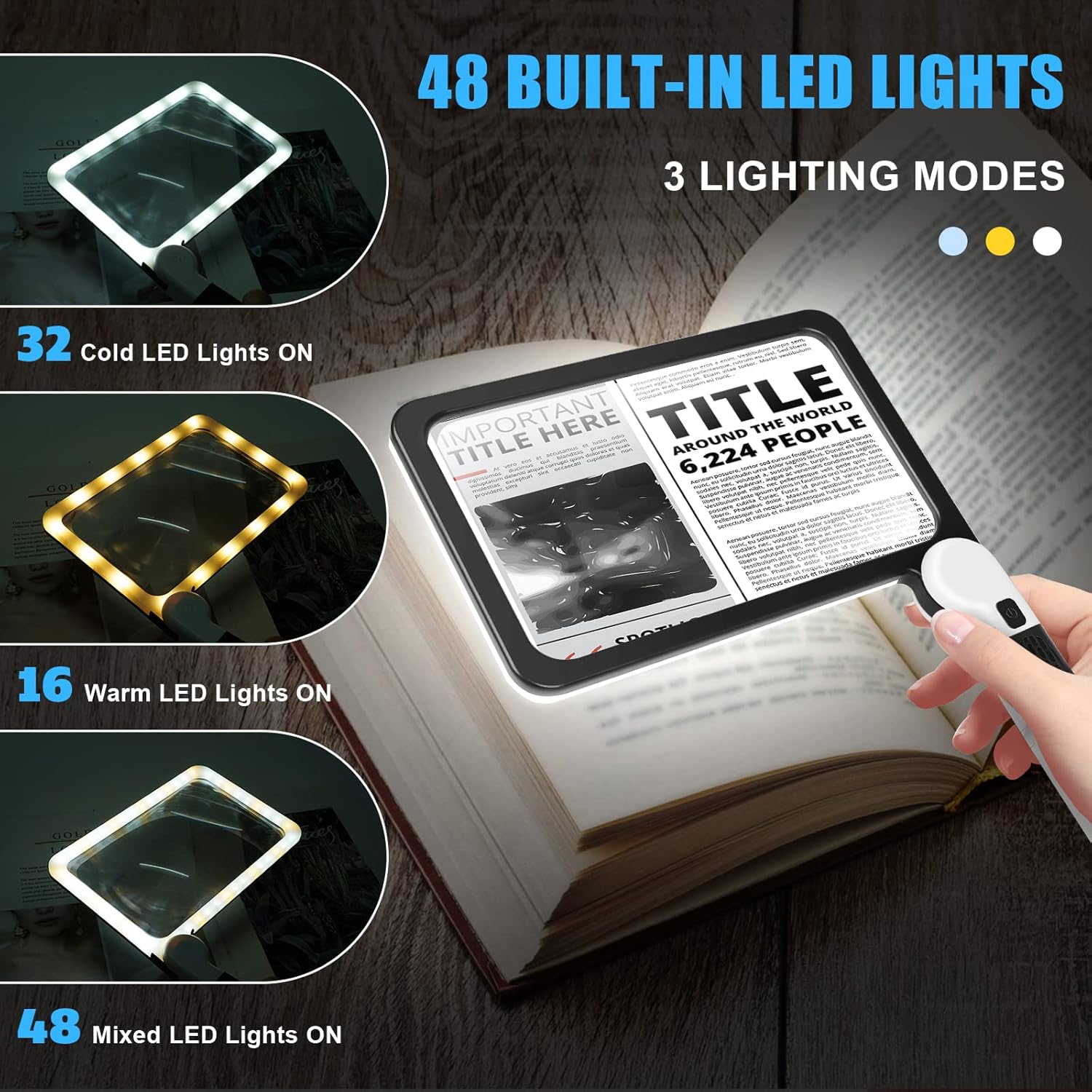 5X Handheld Magnifier for Page Reading - Large Folding Lighted Magnifier with 48 LED Lights (3Modes), Rectangular