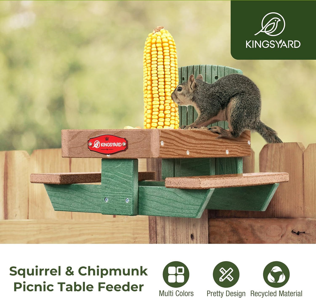 Squirrel Feeder Table for Outside, Recycled Plastic Squirrel & Chipmunk Picnic Table Feeder with Corn Cob Holder, 2 x