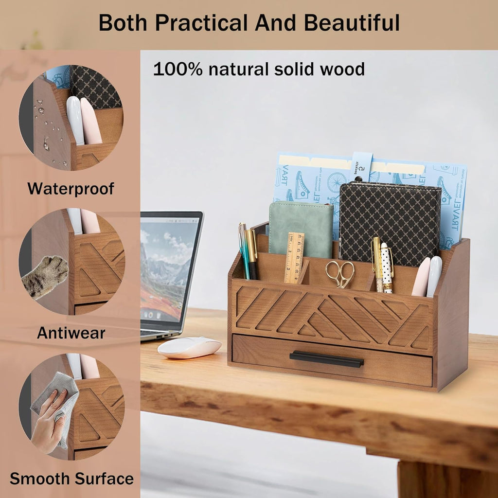 Brown Wood Desk Organizer and Accessories with Drawer, Bill Mail Organizer and File Mail Holder for Office Supplies