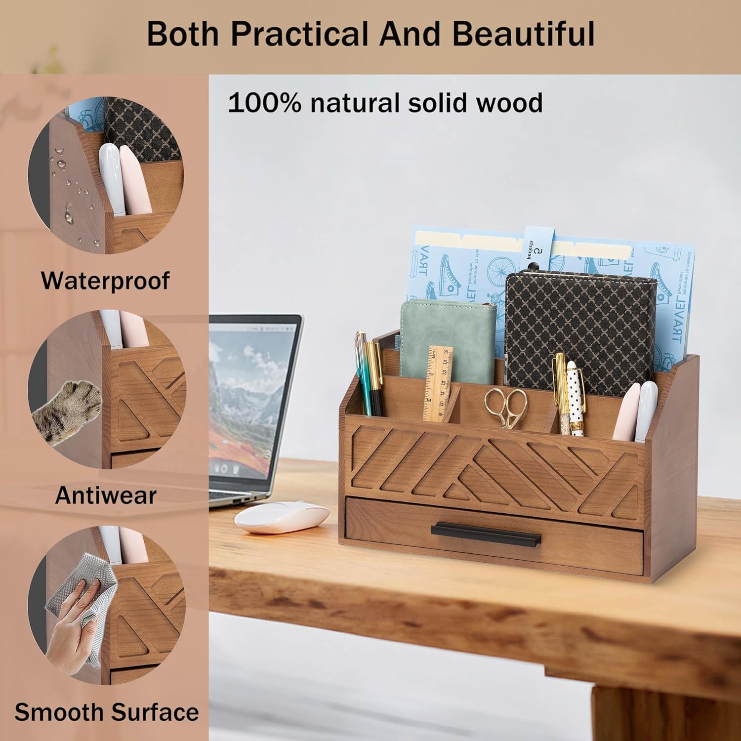 Brown Wood Desk Organizer and Accessories with Drawer, Bill Mail Organizer and File Mail Holder for Office Supplies