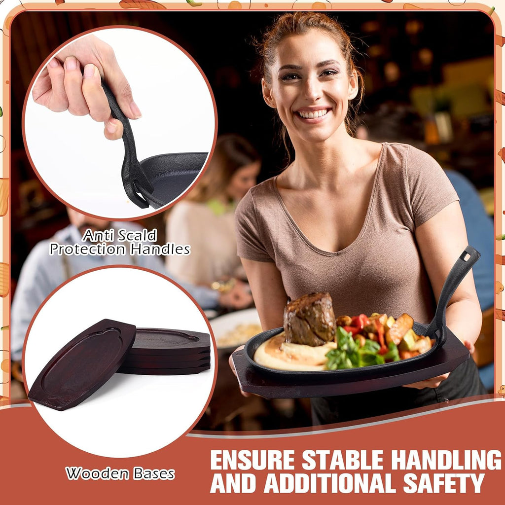 8 Pieces Cast Iron Fajita Skillet Pan Set Sizzling Steak Plate