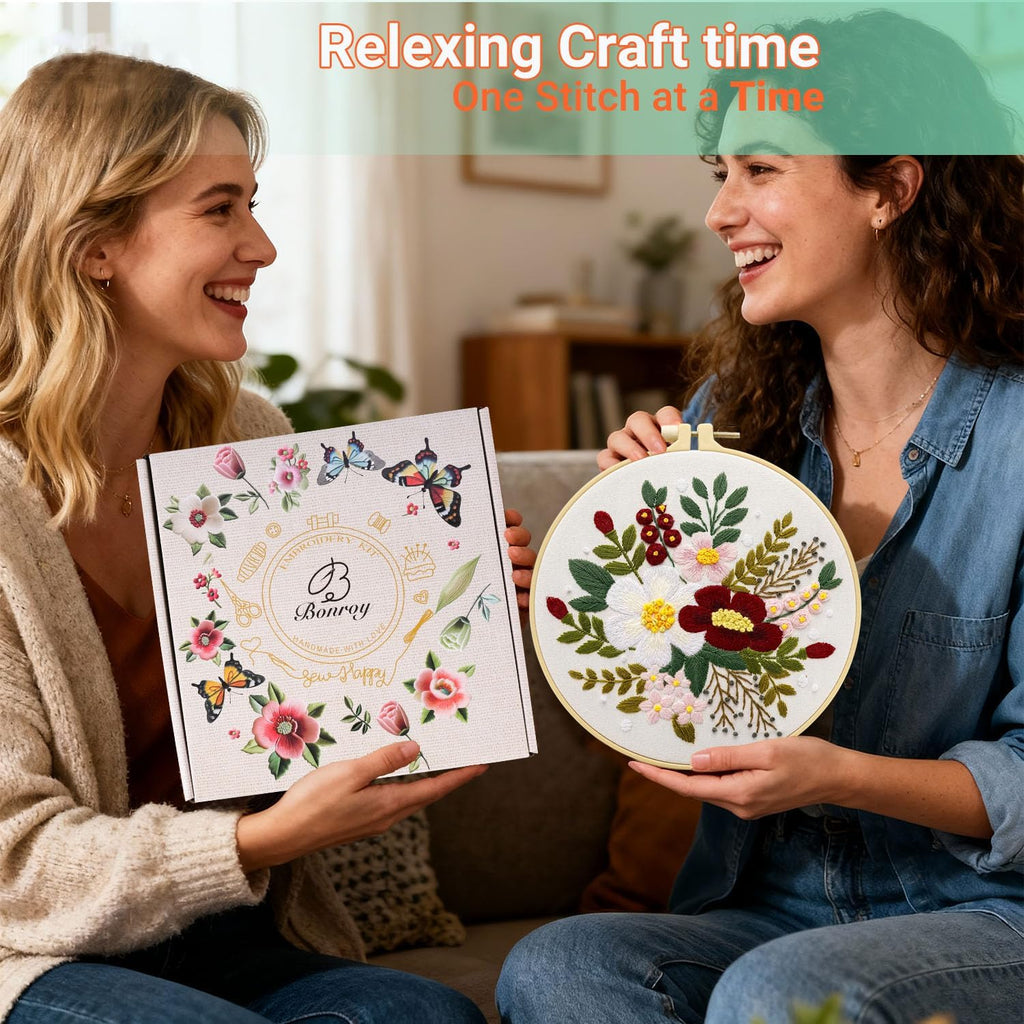 4 Sets Embroidery Set for Beginners Art Crafts Easy Sewing Includes Embroidery Clothes with Pattern, Hoop