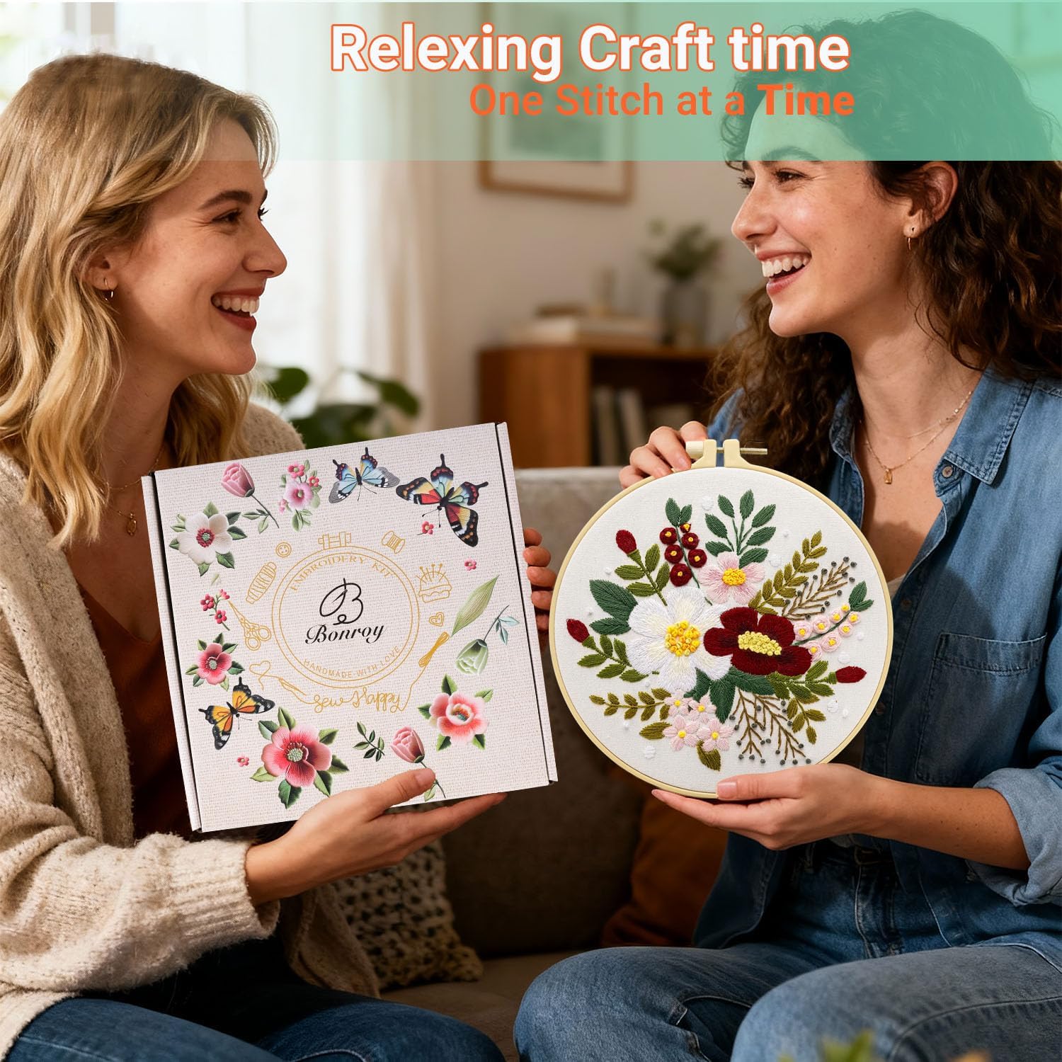 4 Sets Embroidery Set for Beginners Art Crafts Easy Sewing Includes Embroidery Clothes with Pattern, Hoop