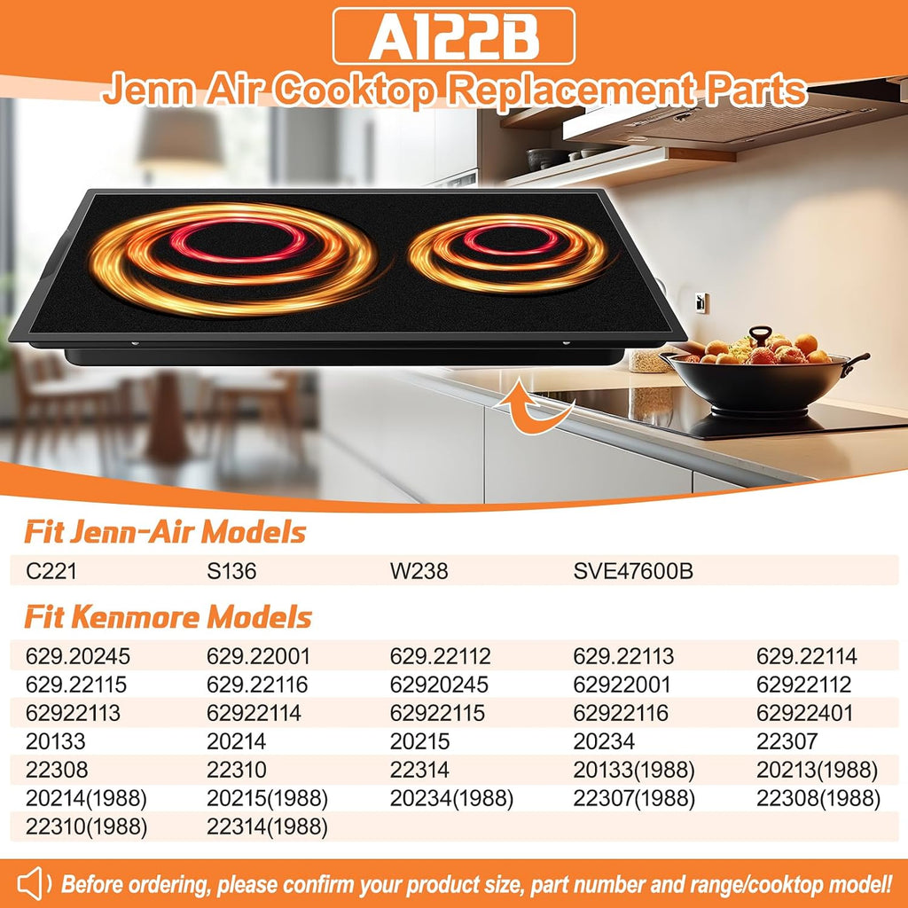Upgraded A122B Radiant Cartridge Compatible with Jenn Air Cooktop Replacement Parts, A122BA Glass Cooktop Replacement Burner For Jenn-Air Range/Cooktop Cartridge Black With Ceran Glass-Ceramic Surface