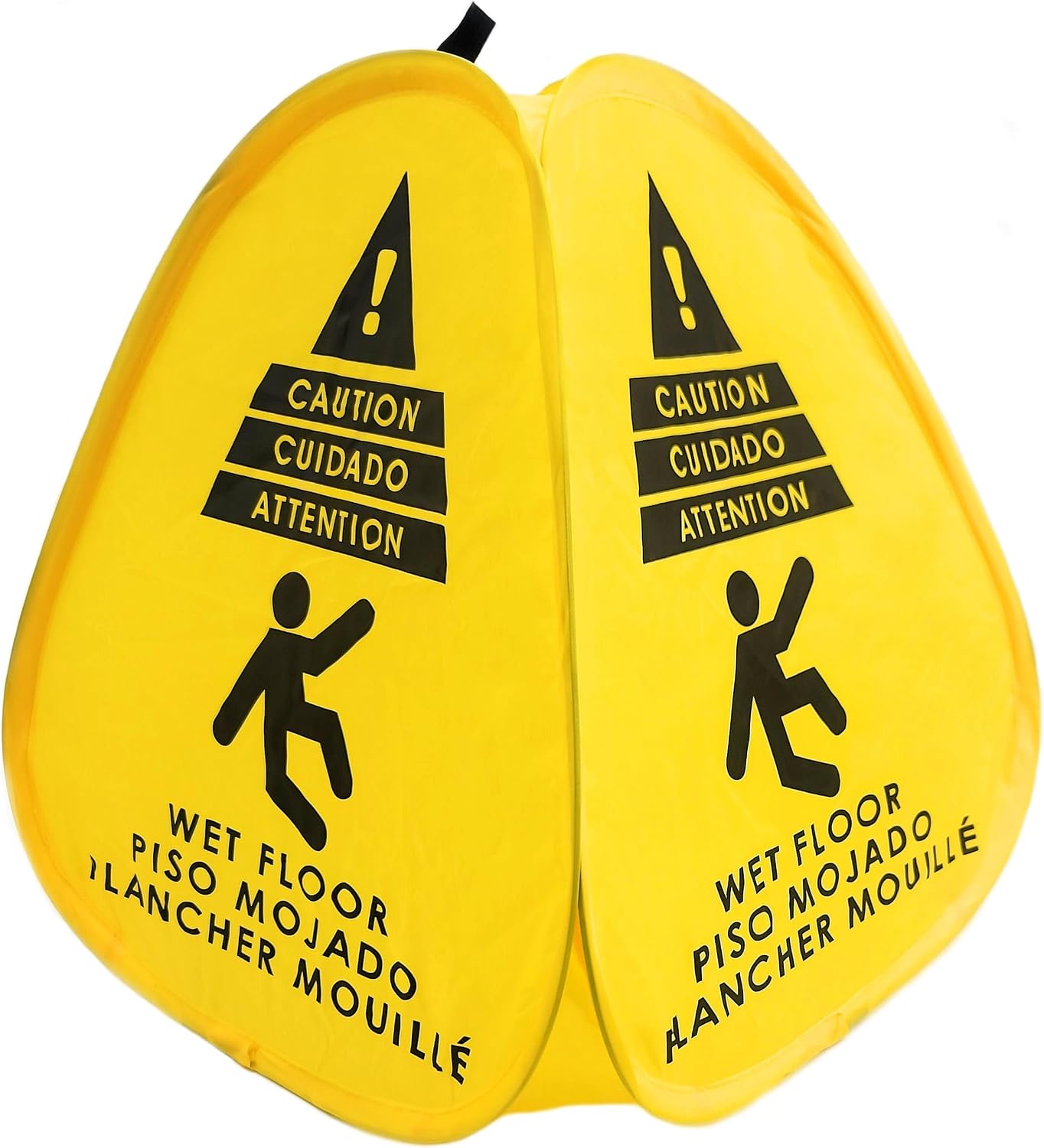 Kraken Sign Co - Pop-up Sign, Yellow 4-Sided Bilingual Trilingual English/Spanish/French Warning, Pop-up Caution Wet
