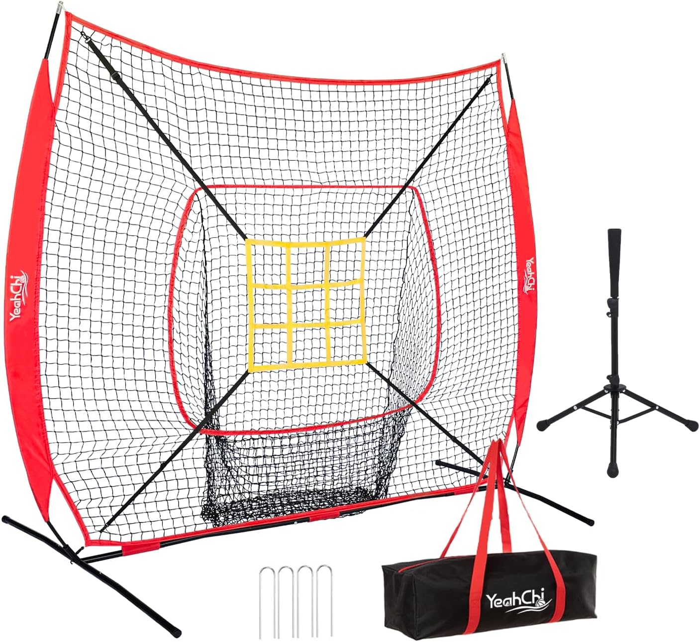 7x7 Ft Baseball and Softball Training Net with Batting Tee, Strike Zone Target, Portable Hitting and Pitching