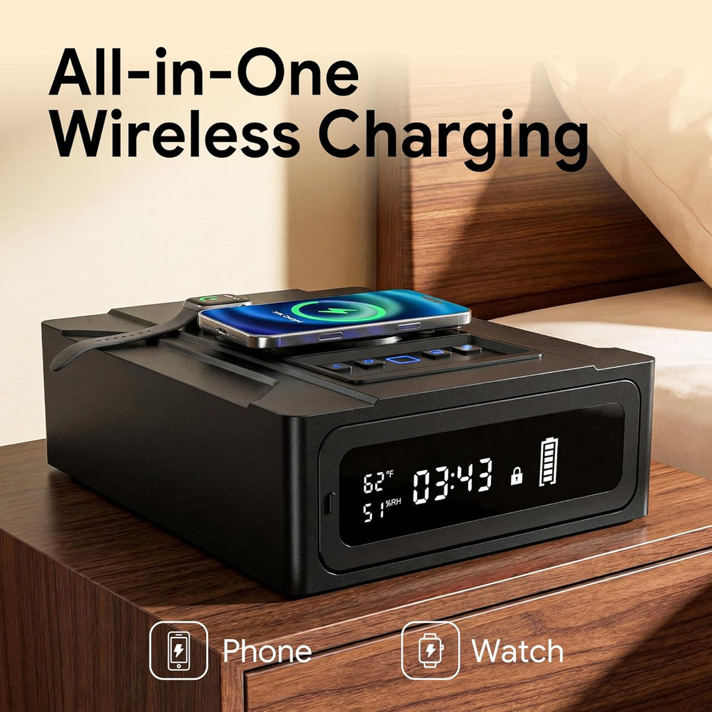 Bedside Gun Safe with Wireless Charging - Biometric Safe with Fast Fingerprint, Backup Key & USB-C Emergency Unlock