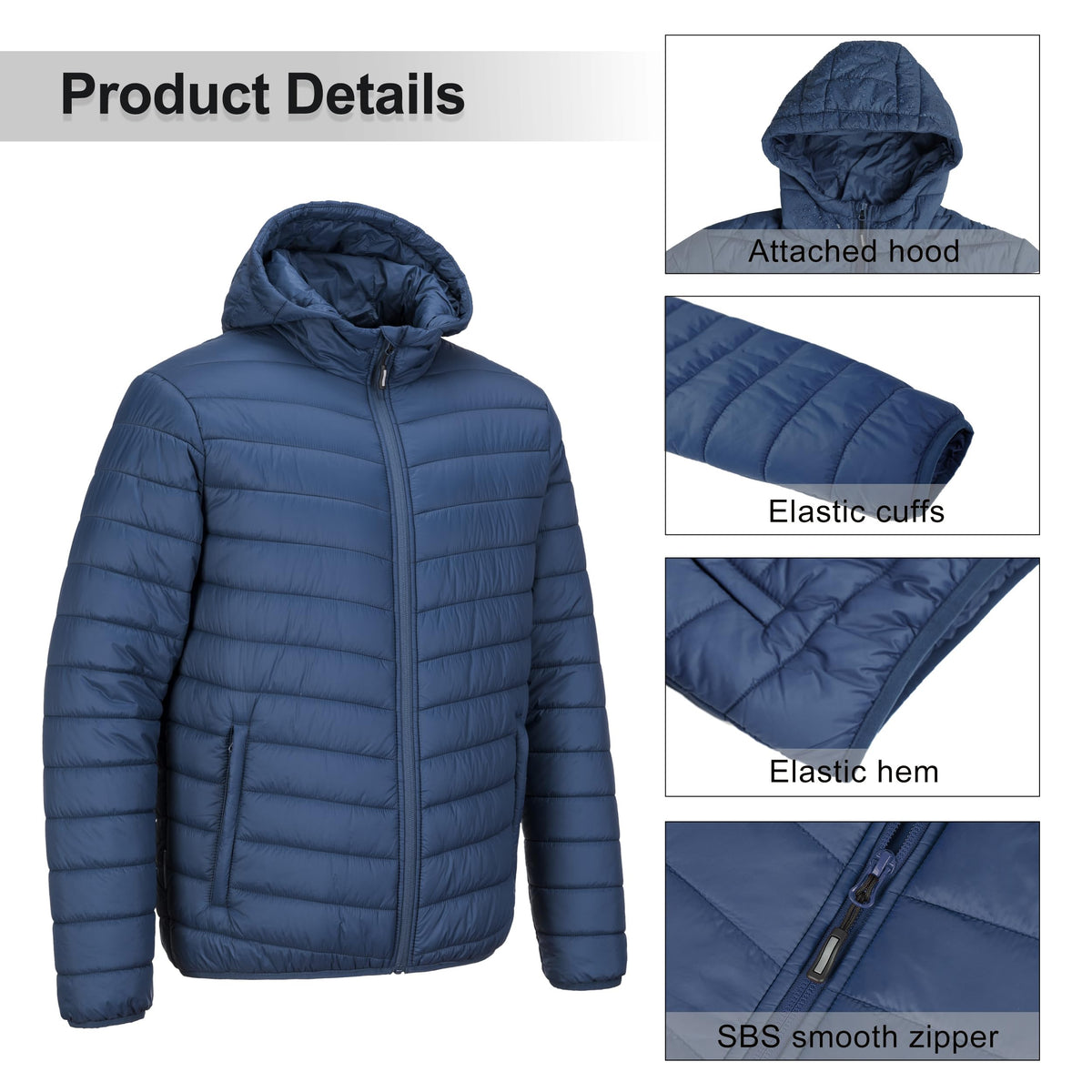 Men's Packable Hooded Puffer Jacket Insulated Winter Coat