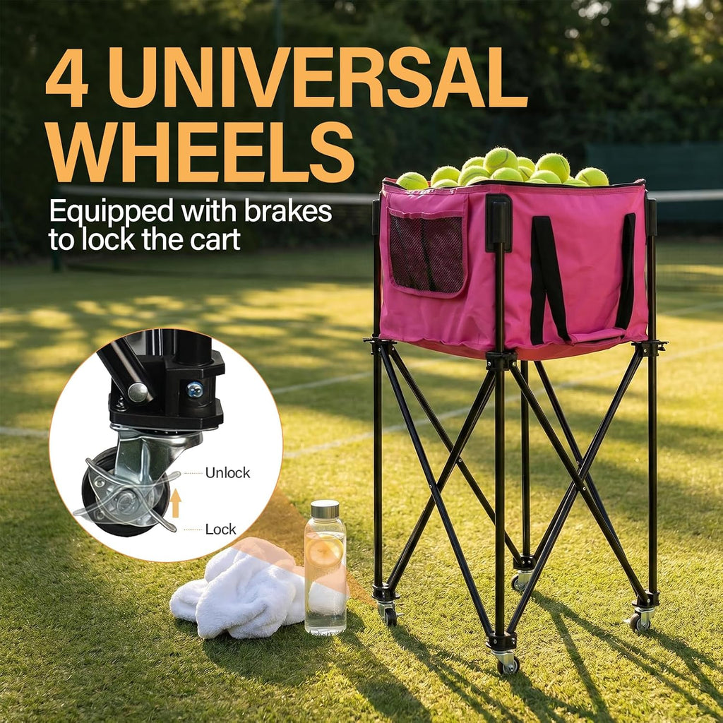 Tennis Ball Hopper,Foldable Lightweight Tennis Cart Holds 200/120 Balls with Wheels & Removable Bag,Easy to Use