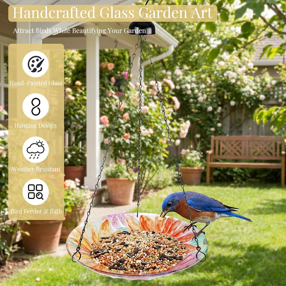 Hanging Bird Bath Outdoor Glass Bird Baths Feeder for Garden Decor