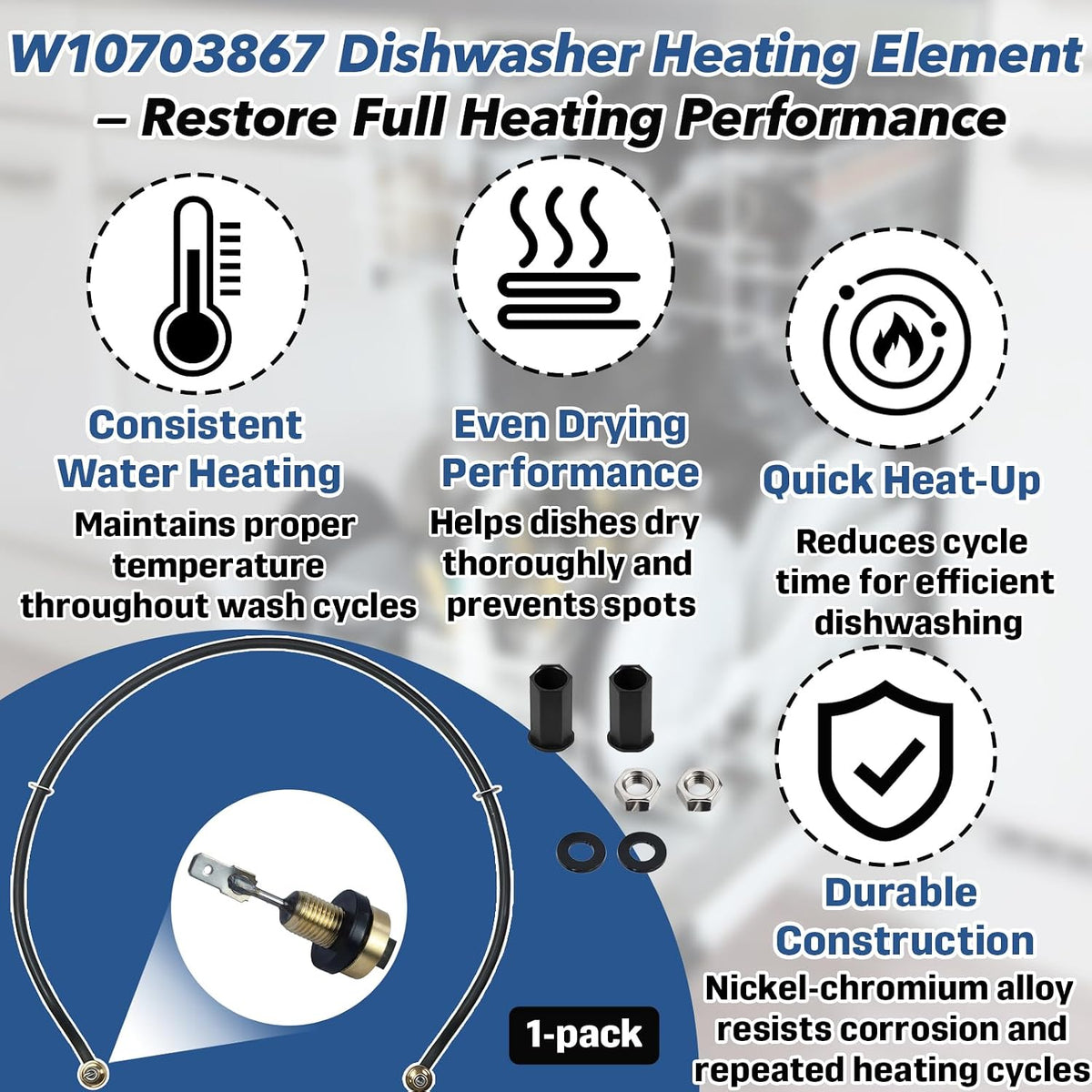 W10703867 Dishwasher Heating Element Compatible with Whirlpool Dishwashers