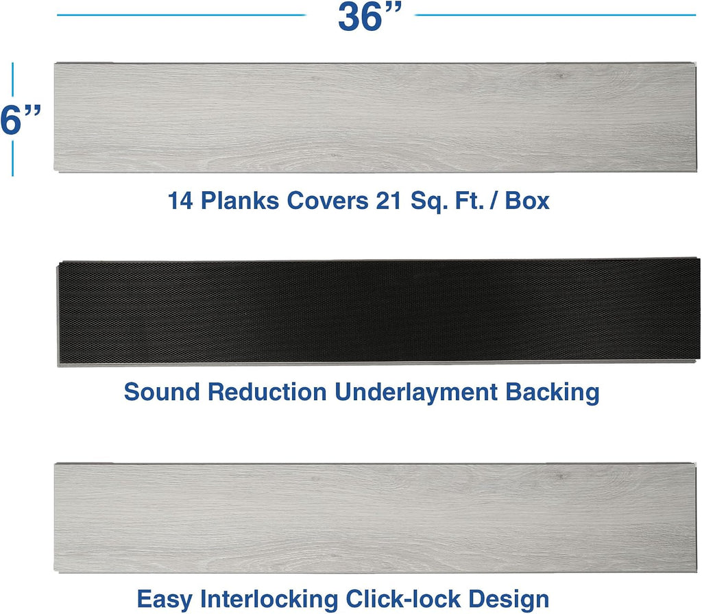 Interlocking Vinyl Flooring Planks 36" X 6", 14 Planks Covers 21 Sq.Ft Per Box, Brown or Grey, 5mm Thick DIY Easy