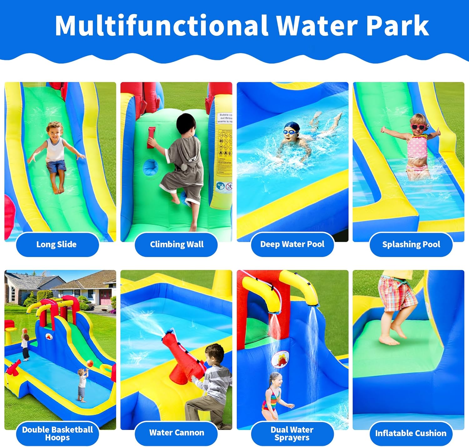 Inflatable Water Park with Blower, Bouncy Castle with Water Cannon and Double Basketball Rings