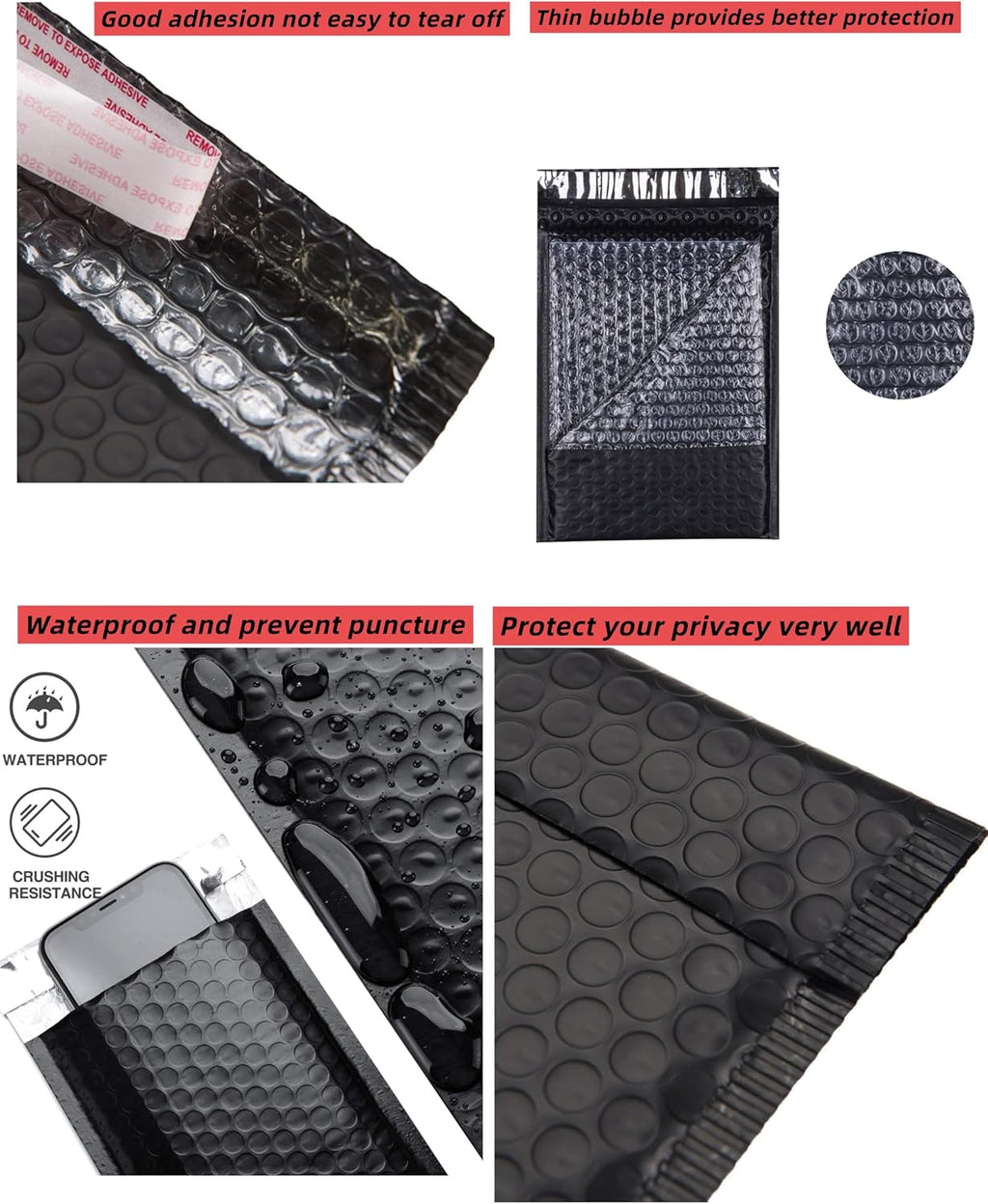 Bubble Mailers 6x10 inch 100 Pack Black Usable Size 6x9" Thick Padded Envelopes Opaque Waterproof Bubble Envelopes