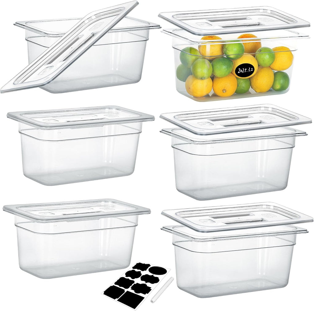 6 Pack 1/3 Size 6" Deep NSF Polycarbonate Food Pans with Lids