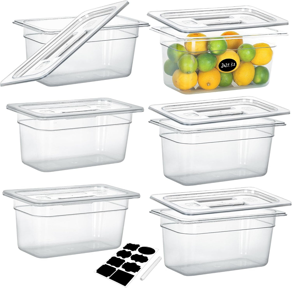 6 Pack 1/3 Size 6" Deep NSF Polycarbonate Food Pans with Lids