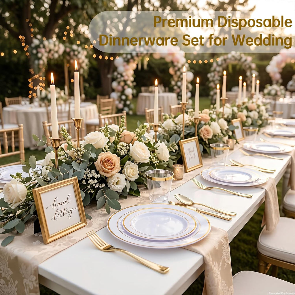 350PCS Gold Plastic Dinnerware Set for 50 Guests