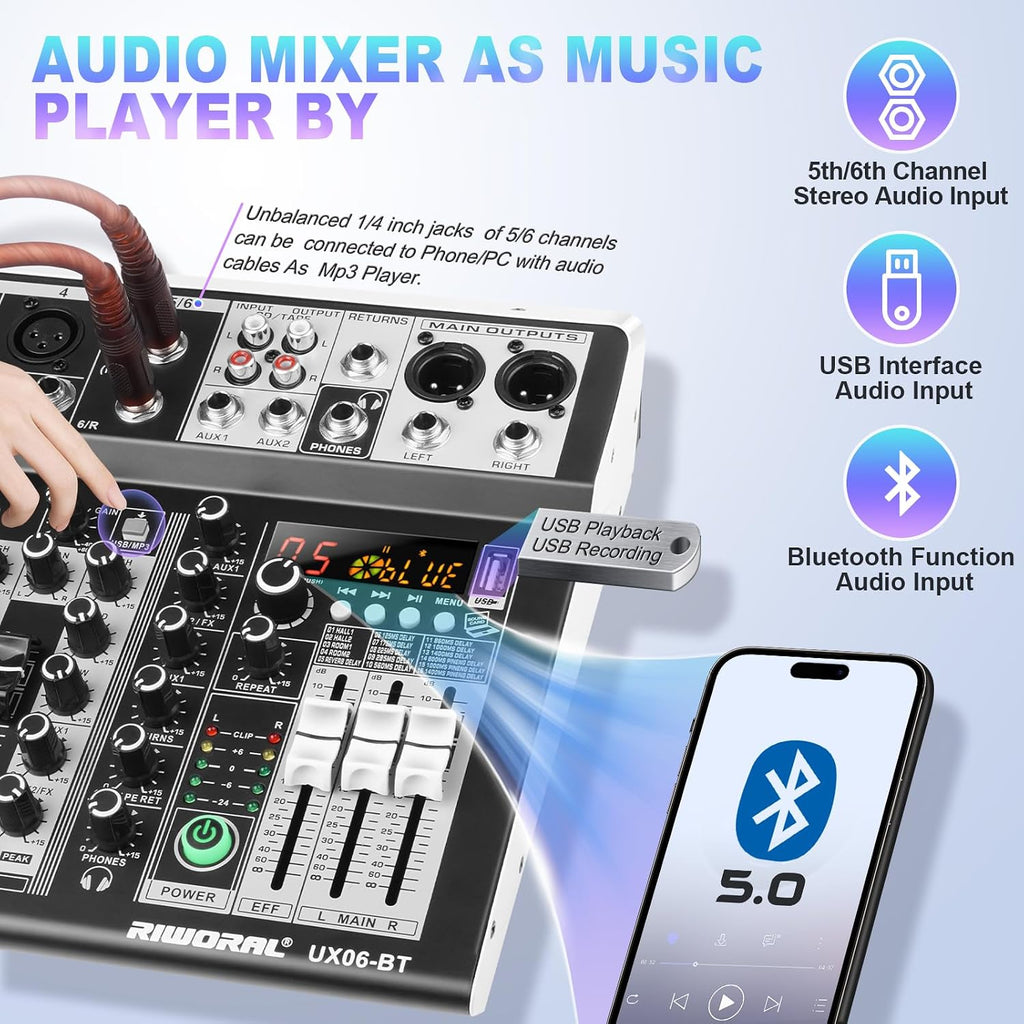 6 Channel Audio Interface Sound Board Mixing Console 16-Bit DSP DJ Mixer Audio Reverb Effect +48V Phantom Bluetooth