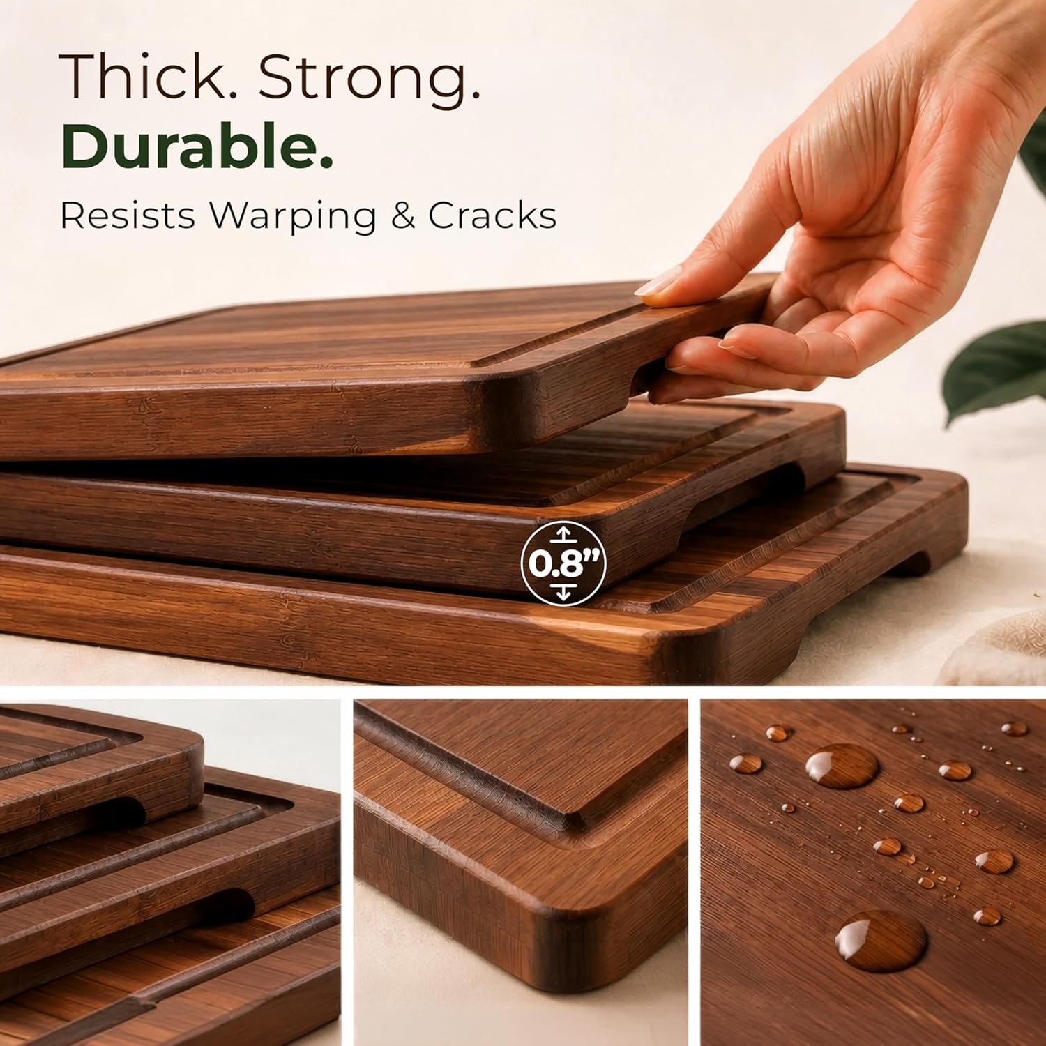 Acacia Wood Cutting Board Set of 3 with Holder, Juice Grooves & Built-in Handles - Durable, Wooden Cutting Boards for