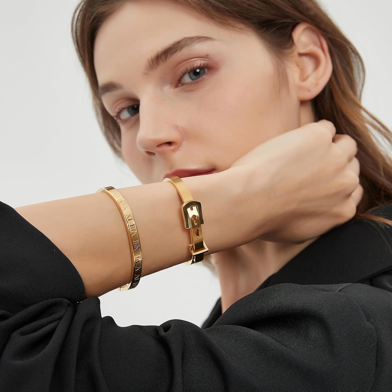 Gold Silver Plated Bracelets for Men Women Roman Numeral Bangle Bracelet Stainless Steel Personalized Engraved Unisex