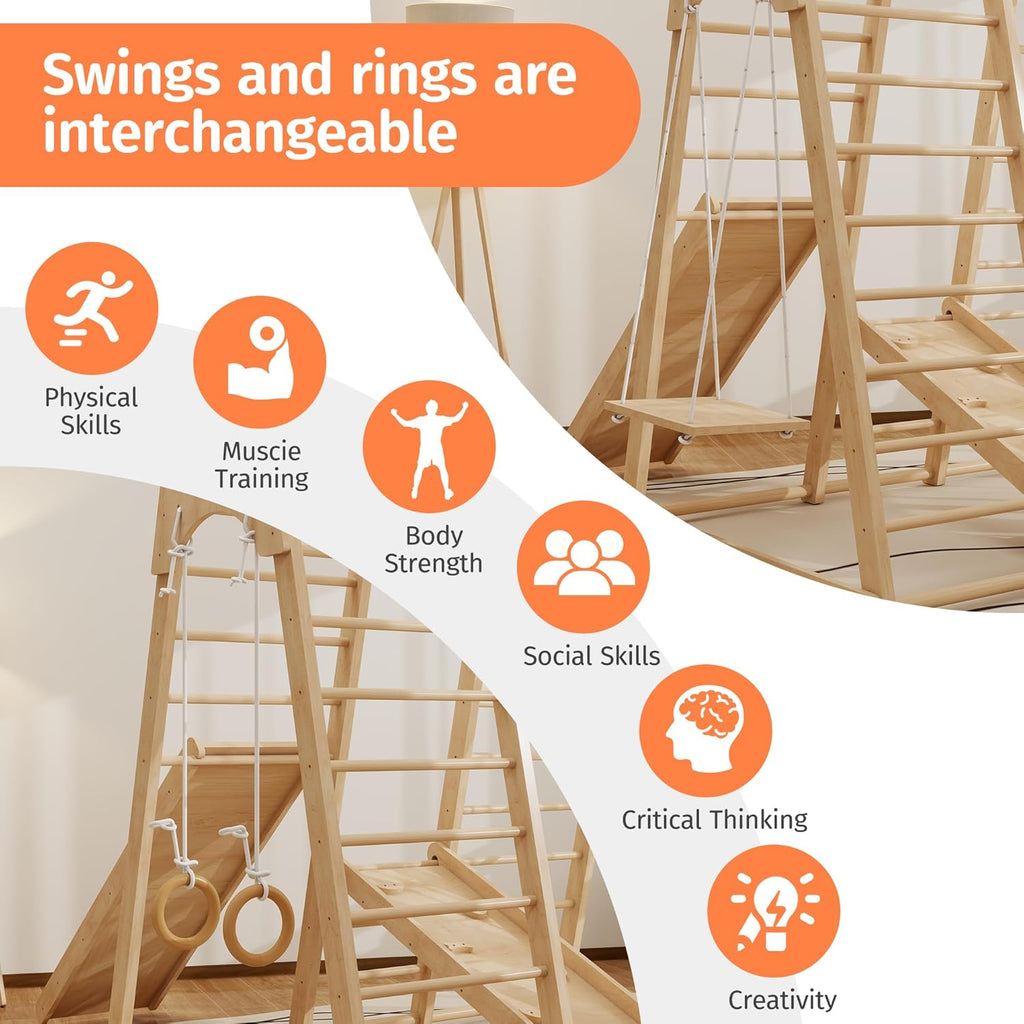Indoor Jungle Gym for Toddlers, 8-in-1 Wooden Montessori Climbing Toys with Slide, Swing, Rock Wall, Rope Ladder