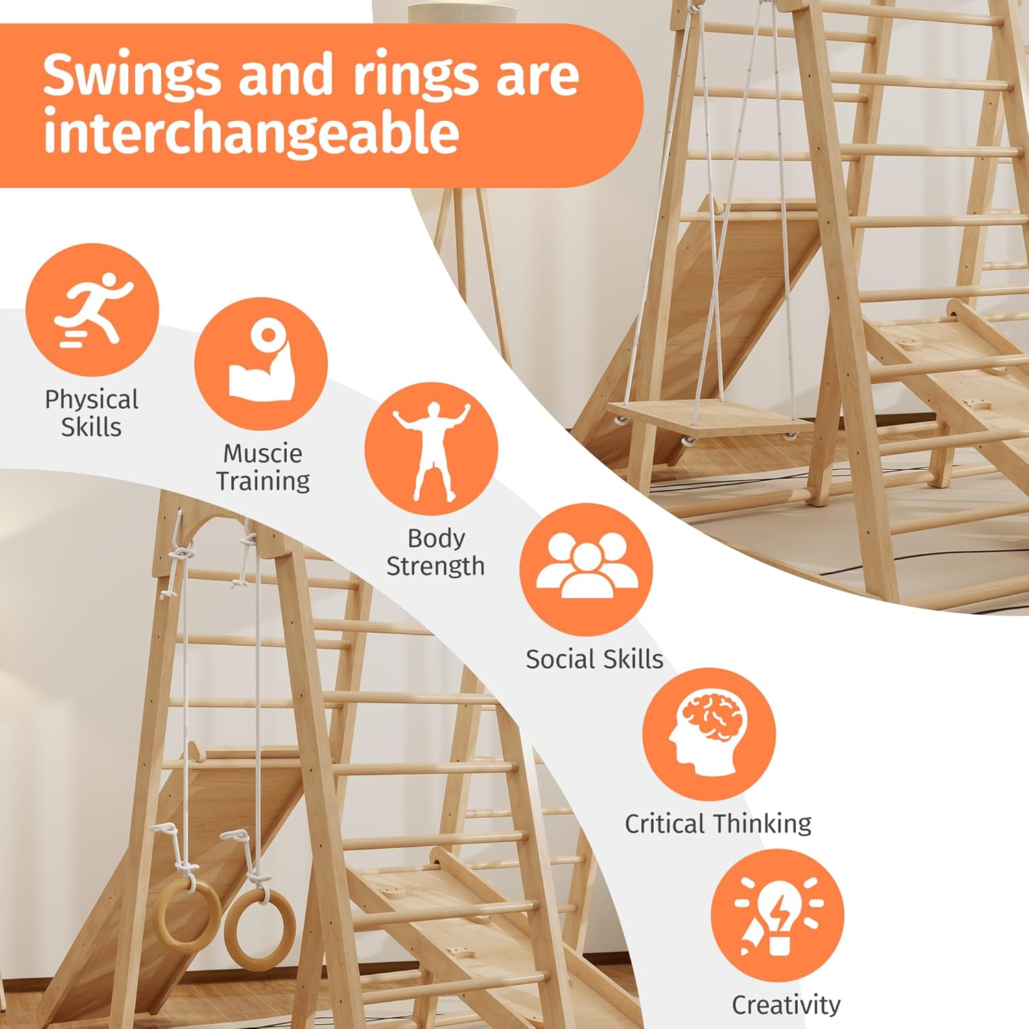 Indoor Jungle Gym for Toddlers, 8-in-1 Wooden Montessori Climbing Toys with Slide, Swing, Rock Wall, Rope Ladder