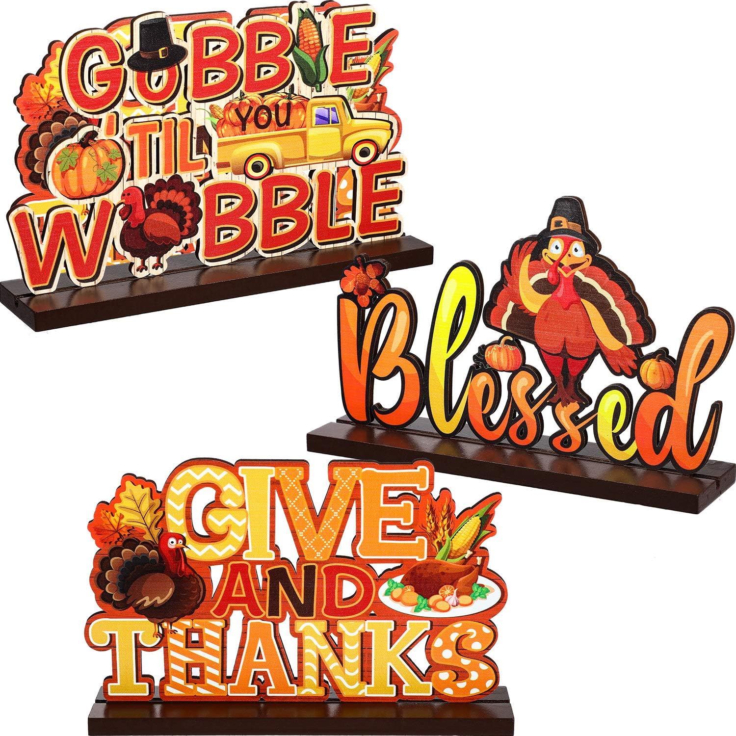 3 Pcs Thanksgiving Decorations Wooden Table Centerpieces for Home, Fall Pumpkin Maple Turkey Decors Signs for Autumn