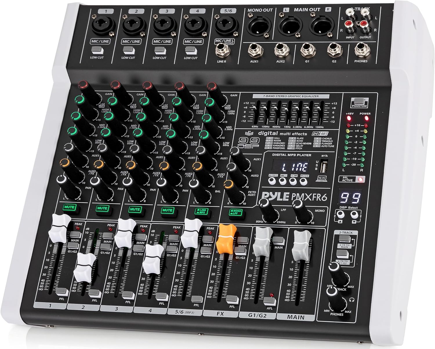 6 Channel Professional DJ Mixer Controller - 7-Band Graphic EQ, 99 DSP Effects, Bluetooth, USB Recording, +48V