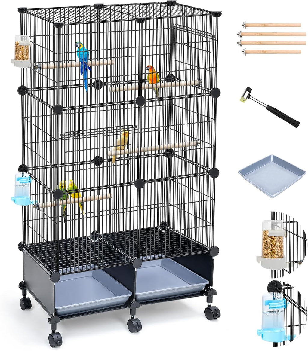 Upgraded Encrypted Metal 46-Inch Bird Cage for Parrot Parakeets | Parakeet Cage with Wooden Perches, Slide-Out Tray