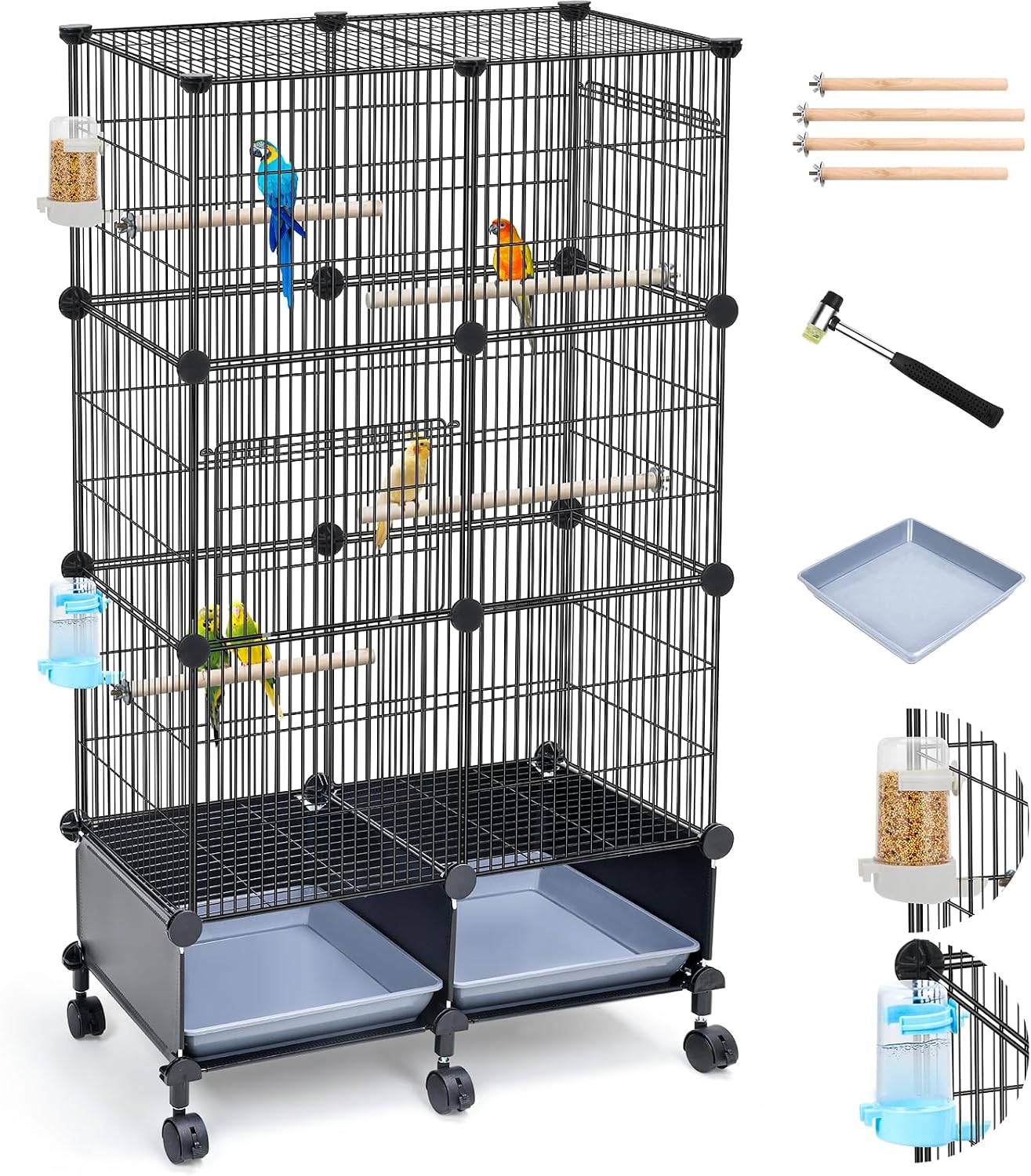 Upgraded Encrypted Metal 46-Inch Bird Cage for Parrot Parakeets | Parakeet Cage with Wooden Perches, Slide-Out Tray