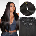 Clip in Hair Extensions Real Human Hair, 18 Inch 100g/3.6oz, 1B Natural Black, Invisible Seamless Straight Remy Human