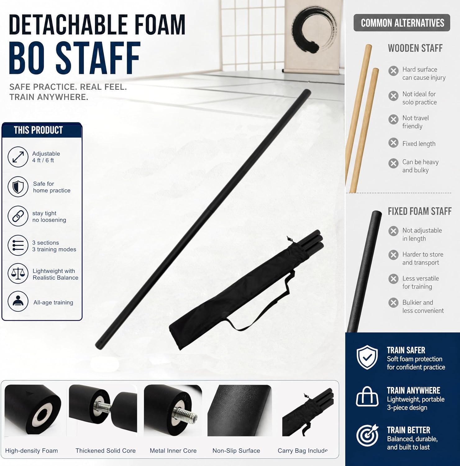 Collapsible Bo Staff 4ft & 6ft Detachable Foam Training Staff – Lightweight with Carry Bag, Safe Non-Slip Thickened