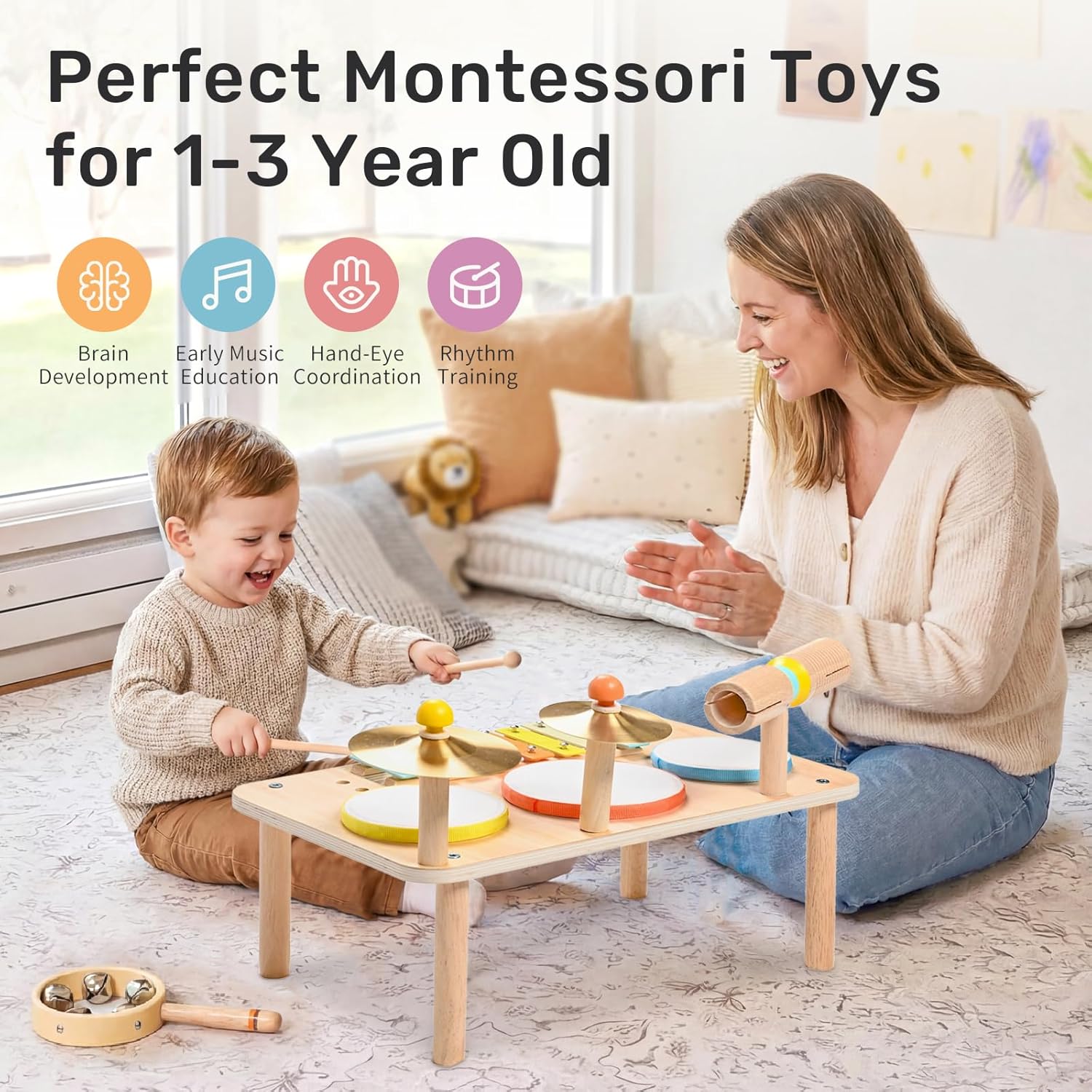 Kids Drum Set, 9-in-1 Montessori Toys | Wooden Musical Instruments for Toddlers, Baby Musical Toys with Drums