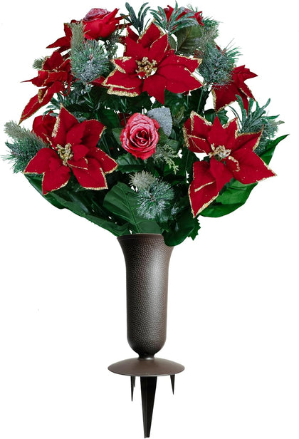 Artificial Cemetery Flowers - Red Poinsettias and Roses with Glitter and Frosted Pine Branches - (1) Bouquet (1) Vase