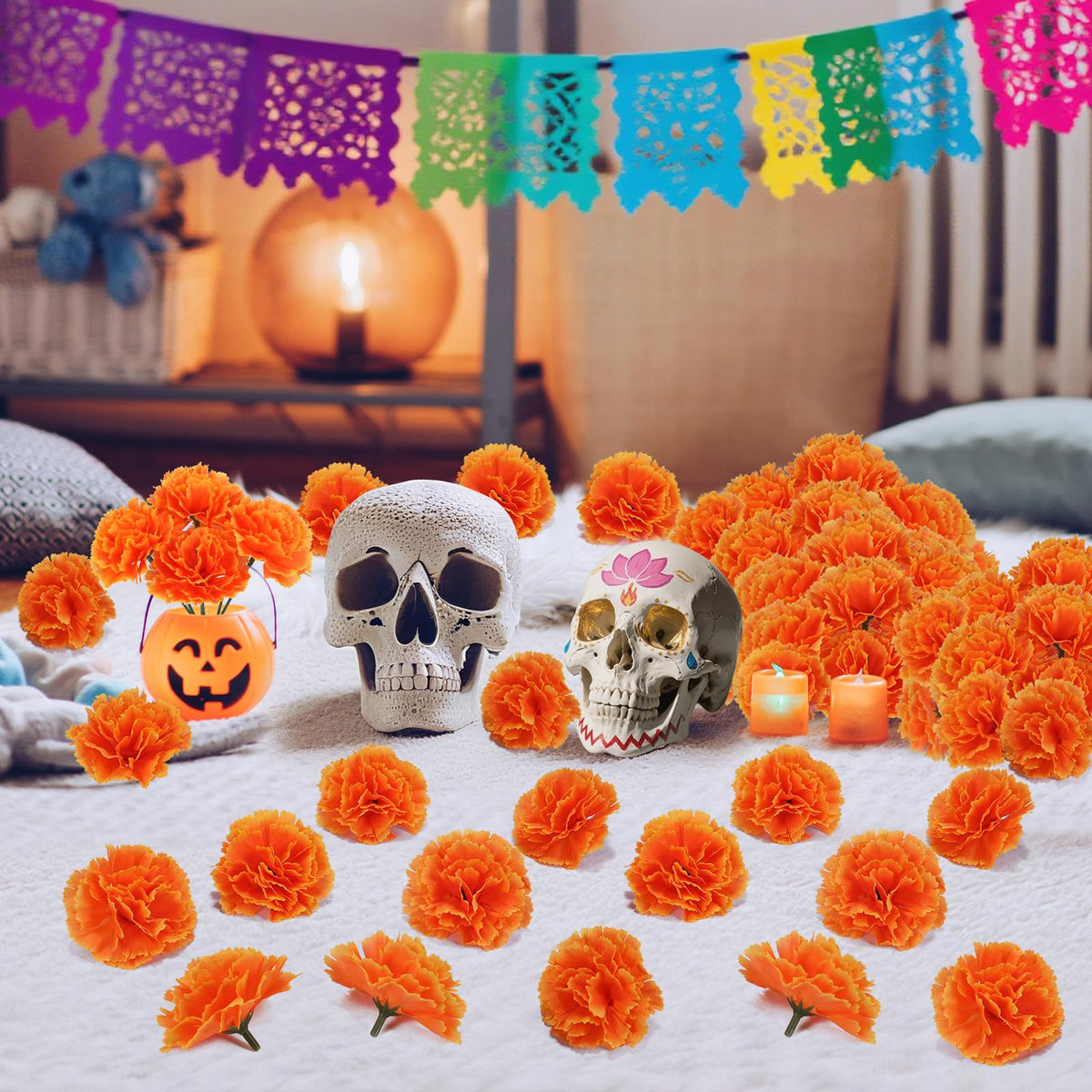 100PCS Orange Artificial Marigold Flower Heads with Stems