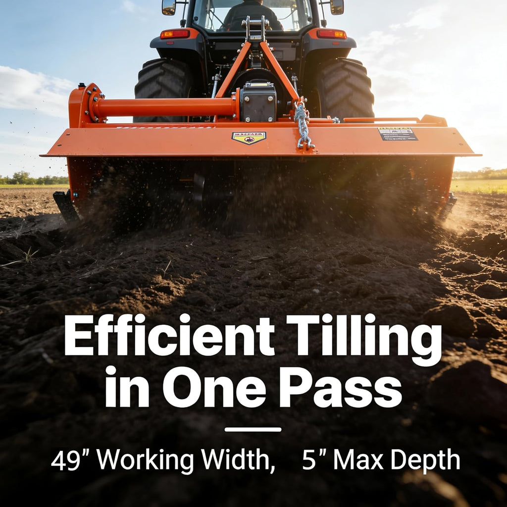 49” 3 Point Rotary Tiller for 20-30HP Compact Tractors.(PTO not Included) | Cat 1 Cultivator with 28 Replaceable