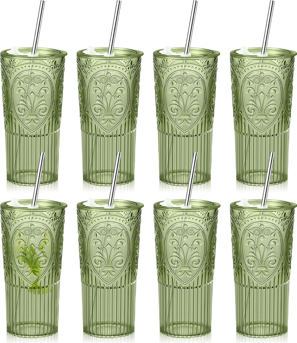 8 Set 20oz Vintage Plastic Tumbler with Lids and Straws Ribbed Floral Drinking Glasses Reusable Iced Coffee Cups for