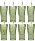 8 Set 20oz Vintage Plastic Tumbler with Lids and Straws Ribbed Floral Drinking Glasses Reusable Iced Coffee Cups for